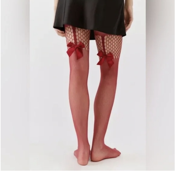 UO Red Bow Fishnet Tights S/M - Picture 1 of 3